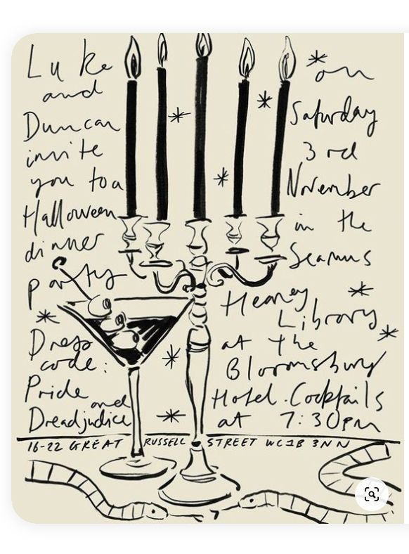 a black and white drawing of a martini in front of candles with writing on it