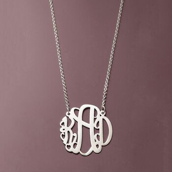 Ross-Simons - Sterling Silver Large Monogram Necklace. 16". An on-trend gift that's always well received. Our sterling silver large monogram pendant is an impressive way to display those three very special initials in elegant round script. Specify three initials and which to center. Pendant cannot be removed from the sterling silver rolo chain. Proudly handcrafted in the USA - custom-crafted in our Rhode Island studios! Lobster clasp, sterling silver monogram necklace. Silver Hypoallergenic Initial Pendant Jewelry, Initials Sterling Silver Necklace Gift For Mom, Silver Stainless Steel Jewelry With Hallmark, Silver Initial Pendant Jewelry For Mom, Silver Initial Pendant Jewelry Gift For Mom, Silver Stainless Steel Initial Pendant Jewelry, Silver Hallmark Initial Pendant Jewelry, Elegant Monogram Stainless Steel Jewelry, Elegant Stainless Steel Monogram Jewelry