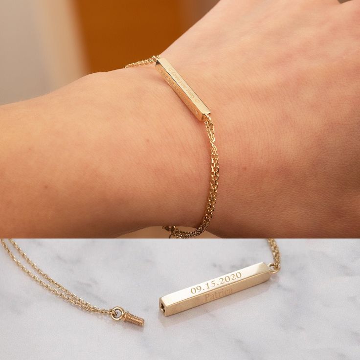 a woman's arm with a gold bar bracelet on it, and the same photo as her wrist