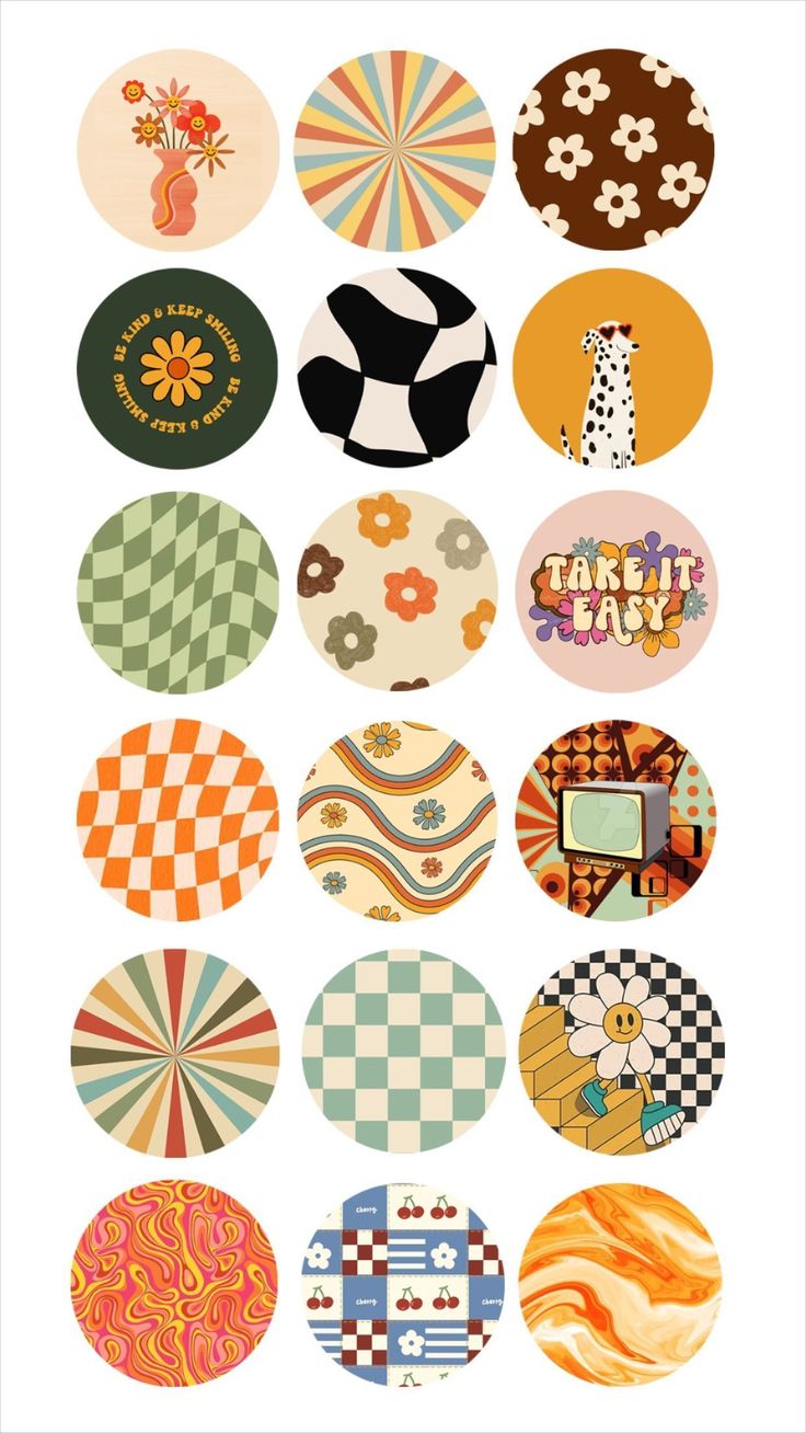 an assortment of colorful circles with different designs on them, all in different colors and sizes