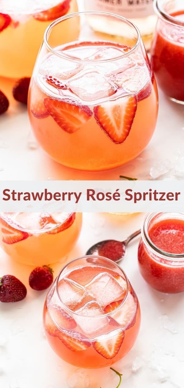 strawberry rose spritzer in glasses with ice and strawberries on the rims