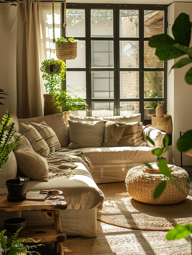 a living room filled with lots of furniture and plants on the windows sills