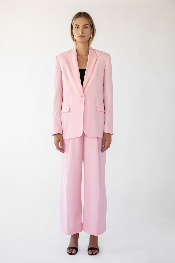 Bianca, is an oversized blazer with a menswear inspired fit. Pink - 65% Polyester / 15% Wool / 10% Cotton Lined. Dry clean only. Darina is 5'11 / 180 cm and wearing a size 1 which is equivalent to a size small. This item is Final Sale. Oversized Blazer, Menswear Inspired, Timeless Pieces, Final Sale, Dry Clean, Blazer, Wool, Wardrobe, Pink