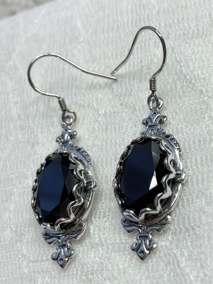 Black Cubic Zirconia Earrings, Edwardian Jewelry, Pin Design#E18 with traditional Ear Wire Closures Black Oval Jewelry For Party, Black Drop Earrings For Anniversary, Silver Gothic Gemstone Jewelry, Silver Faceted Oval Earrings, Silver Oval Faceted Earrings, Victorian Black Earrings For Party, Oval Sterling Silver Earrings For Evening, Gift Black Diamond Round Earrings, Elegant Black Sterling Silver Jewelry