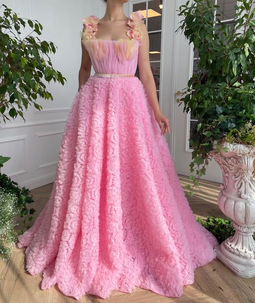 Pink Evening Dress With Detachable Train For Gala, Pink Gala Evening Dress With Detachable Train, Pink Ball Gown With Detachable Train, Pink Ball Gown Evening Dress With Detachable Train, Pink Gown With Detachable Train For Prom, Pink Evening Gown For Prom Season, Pink Tulle Ball Gown Evening Dress, Pink Gala Gown With Detachable Train, Pink Ball Gown With Sweep Train For Evening