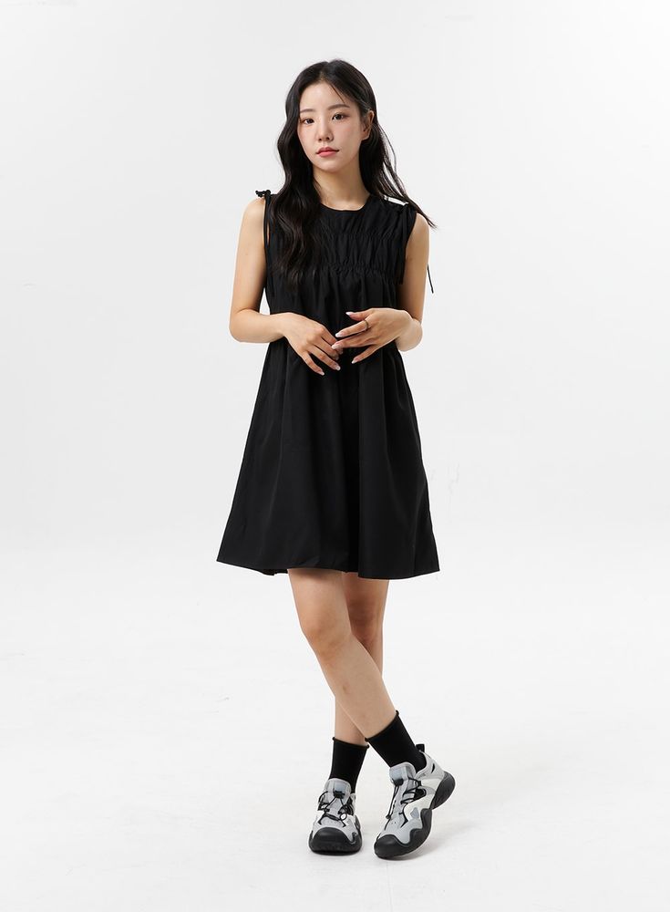 sleeveless-wide-mini-dress-ol318 Chic Sleeveless Mini Dress With Gathered Neckline, Sleeveless Mini Dress With Gathered Neckline For Summer, Black Summer Midi Dress With Gathered Neckline, Black Midi Dress With Gathered Neckline For Summer, Black Sleeveless Dress For Daywear, Spring Sleeveless Dress With Gathered Neckline, Casual Black Pleated Sleeveless Dress, Casual Black Midi Dress With Gathered Waist, Casual Mini Dress With Gathered Neckline