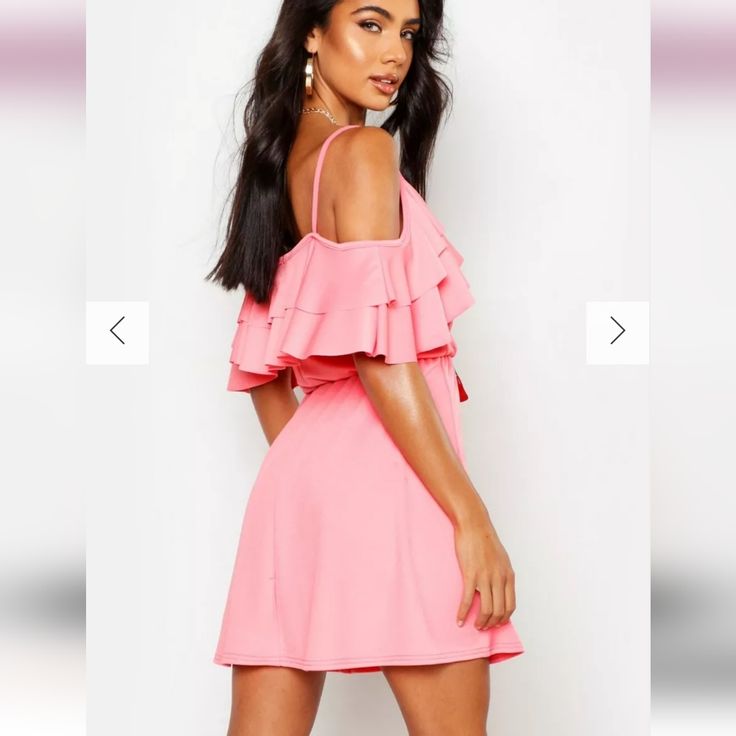 Boohoo Coral Skater Dress, Size 10, 33.5" From Top To Bottom, New Pink Off-shoulder Mini Dress With Ruffle Hem, Off-shoulder Pink Mini Dress With Ruffle Hem, Pink Casual Mini Length Ruffle Dress, Casual Pink Mini Ruffle Dress, Casual Pink Ruffle Dress For Party, Casual Pink V-neck Ruffle Dress, Casual Cold Shoulder Party Dress, Chic Cold Shoulder Mini Dress With Ruffles, Cold Shoulder Ruffled Party Dress