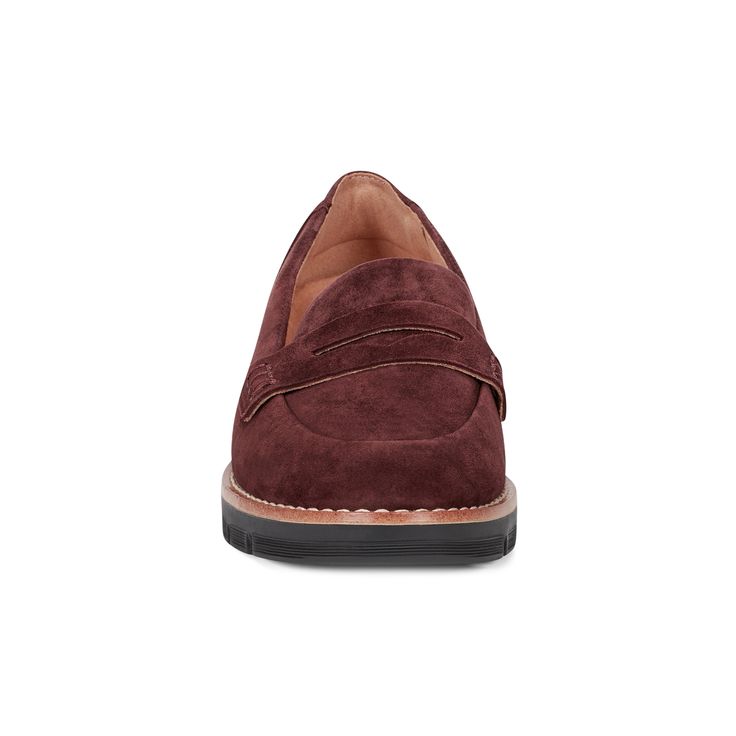 Designed for all day comfort, the Easy Spirit Velia casual loafers are the perfect wardrobe staple. It features a slip-on silhouette, almond shaped toe and sleek design. Plus, it offers eFlex Technology featuring arch support, a padded footbed, & flex grooves. This shoe is orthotic friendly. Suede Slip-ons For Office In Fall, Fall Moc Toe Slip-ons With Rubber Sole, Business Casual Flat Slip-ons For Fall, Fall Slip-on Loafers With Moc Toe, Modern Brown Slip-ons For Fall, Office Slip-ons With Rubber Sole, Fall Suede Slip-on Platform Loafers, Classic Flat Slip-ons For Fall, Cushioned Slip-on Loafers For Office