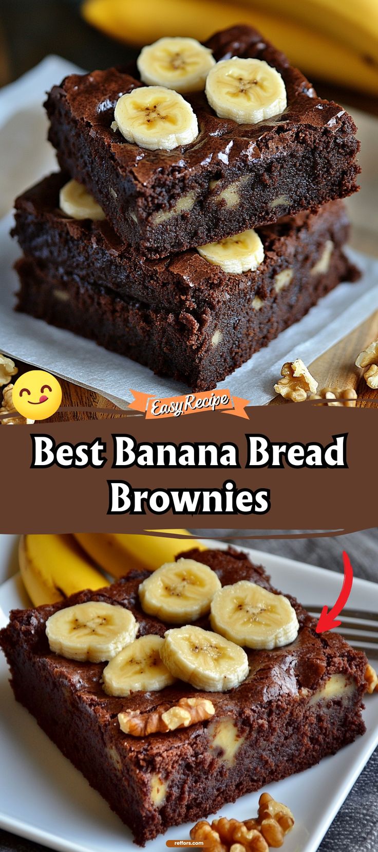 two brownies stacked on top of each other with bananas