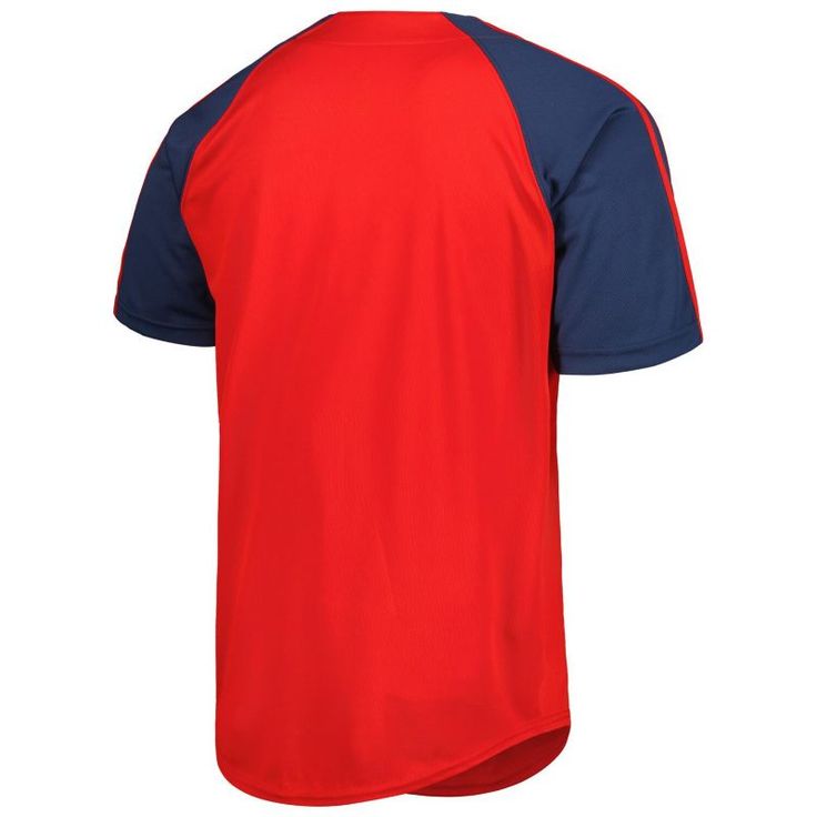 the back of a red and blue shirt with two contrasting colors on the chest,