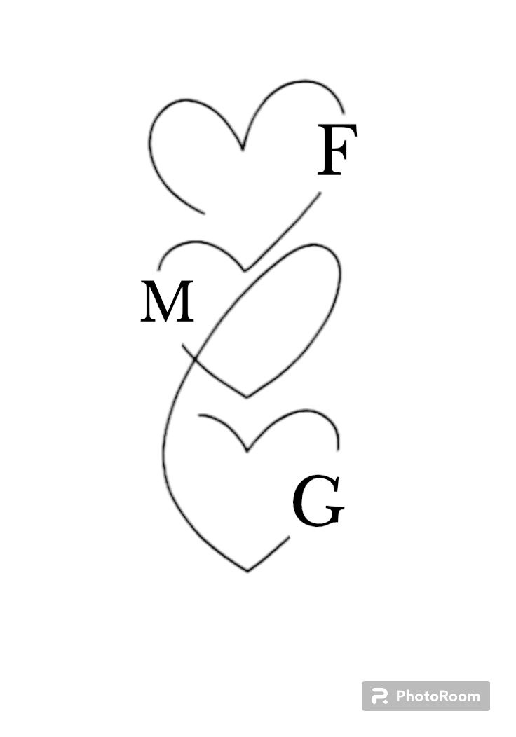 two hearts with the letters f and g on them are shown in black and white