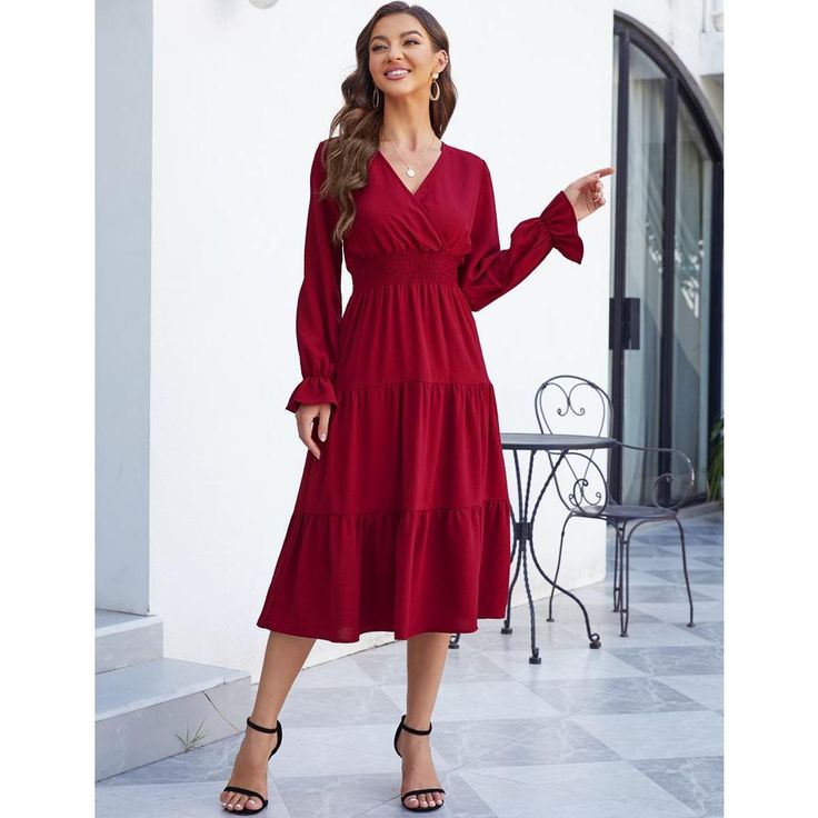 Elevate your wardrobe with the WhizMax Women's Casual Wrap V-Neck Midi Dress, a perfect blend of elegance and comfort. This dress features a captivating wine red color and is designed to flatter with its smocked waist and tiered A-line pleated skirt.

- Style: Casual wrap V-neck
- Sleeve: Long lantern sleeves
- Waist: Smocked elastic high waist
- Skirt: Tiered, swing, A-line pleated flowy hem
- Closure: Pull-on
- Material: Lightweight fabric for comfort
- Gender: Female
- Age Group: Adult

Ideal Red V-neck Midi Dress, Red Long Sleeve V-neck Dress For Fall, Chic Burgundy V-neck Maxi Dress, Elegant Red V-neck Dress For Fall, Flowy Ruffle Dress, Flowy Long Dress, Midi Dress Long Sleeve, Wine Red Dress, A Line Long Dress