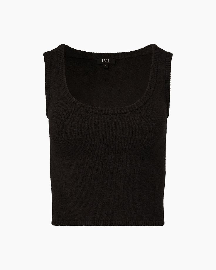 Jet Black Knit Scoop Neck Crop Top, Fine Knit Scoop Neck Top, Chic Scoop Neck Tank Top For Fall, Chic Knit Top With Scoop Neck, Chic Scoop Neck Knit Top For Layering, Fitted Textured Knit Crew Neck Tank Top, Seamless Cropped Knit Top, Chic Scoop Neck Knit Top For Everyday, Chic Everyday Knit Top With Scoop Neck