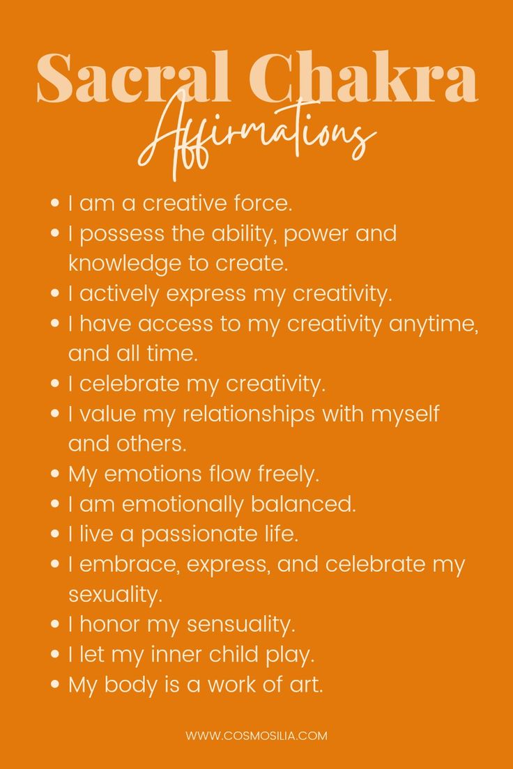 Sacral Chakra Affirmations Sacral Chakra Location, Sacral Chakra Oils, Navel Chakra Healing, How To Open Sacral Chakra, Second Chakra Healing, Orange Chakra Healing, Open Sacral Chakra, Healing The Sacral Chakra, Sacral Chakra Affirmation I Feel