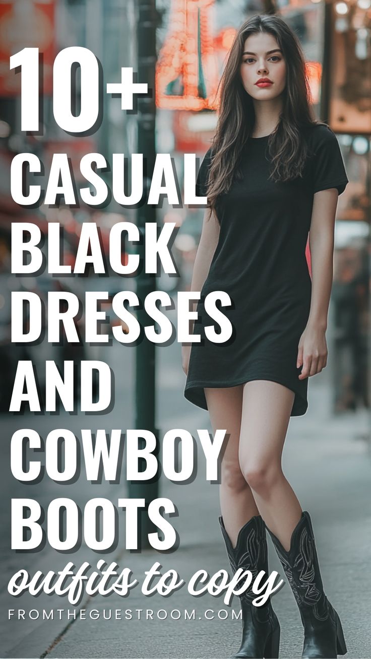 a woman wears a casual black dress and cowboy boots, western outfits Lbd Cowboy Boots Outfit, Leopard Cowboy Boots Outfit, Black Mini Dress And Cowboy Boots, Black Cowboy Boots Outfit Night Out, Western Outfits Women Boots, Cowboy Boots With Tights Outfit, Western Boots With Dresses Outfit, Jeffrey Campbell Boots Outfit, Tall Cowboy Boots Outfit Fall