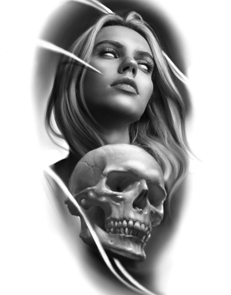 Woman and skull #tattooideas #backtattoos #tattoos Girl Skull Tattoo, Tato Realis, Skull Face Tattoo, Skull Tattoo Ideas, Face Tattoos For Women, Catrina Tattoo, Skull Girl Tattoo, Girl Face Tattoo, Girl Skull