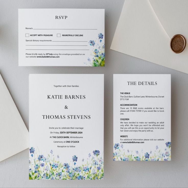 Forget me not blue and green floral print wedding invitation printed on textured white card complete with envelopes Evening Wedding Invitations, Vellum Jacket, Getting Married Abroad, Wildflower Design, Printing Wedding Invitations, Dusty Blue Weddings, Wildflower Wedding, Colored Envelopes, Evening Wedding