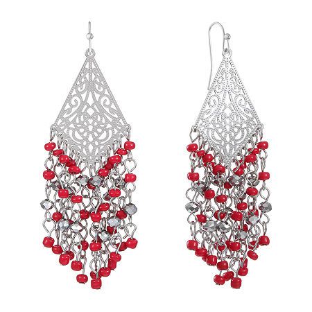 Bead Type: AcrylicEarring Back: French WireMetal Color: Silver ToneEarring Length: 73.6mmEarring Width: 31.7mmCare: Polishing ClothCountry of Origin: Imported Red Metal Chandelier Earrings For Party, Red Dangle Chandelier Earrings, Red Pierced Dangle Chandelier Earrings, Elegant Red Metal Beaded Earrings, Elegant Red Beaded Metal Earrings, Red Bohemian Metal Chandelier Earrings, Bohemian Red Metal Chandelier Earrings, Red Metal Beaded Drop Earrings, Red Metal Drop Beaded Earrings