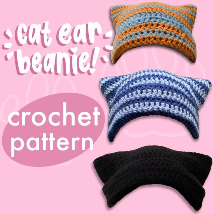 three crocheted pillows with the words cat ear beanie