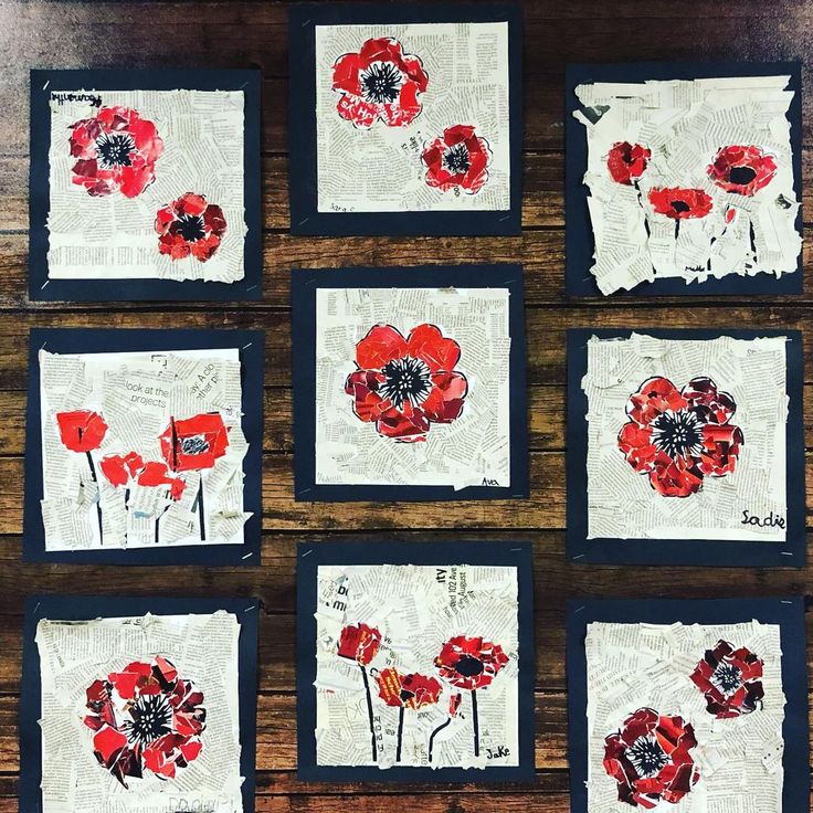 nine red flowers on white paper are arranged in square black and white squares, each with an individual's own name