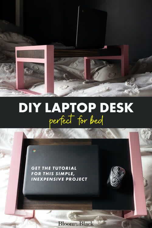 a laptop sitting on top of a bed next to a pink desk