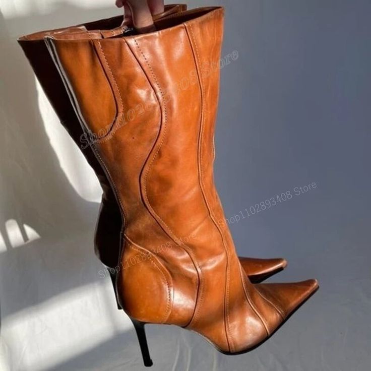 VCSHOES Brown Matte Leather Mid Calf Boots Pointed Toe Stiletto High Heel Side Zipper Women Shoes Zapatos Para Mujere Brown-35 Leather Mid Calf Boots, Vintage Leather Boots, Dr Shoes, Funky Shoes, Pointed Toe Boots, Shoe Inspo, Aesthetic Shoes, Swag Shoes, Mode Inspo