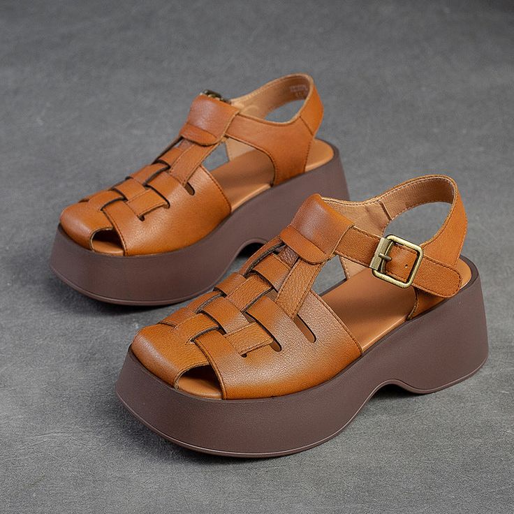 Summer T-strap Sandals With Platform Toe Post, Brown T-strap Sandals With Ankle Strap And Rubber Sole, Brown Ankle Strap T-strap Sandals With Rubber Sole, Leather Wedge Sandals With Round Toe For Summer, Spring Toe Post T-strap Sandals With Platform, Summer Toe Post T-strap Sandals With Platform, Brown Closed Toe T-strap Sandals For Spring, Closed Toe Brown T-strap Sandals For Spring, Leather T-strap Toe Post Sandals For Summer