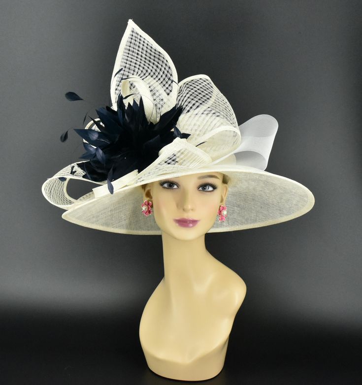 ✿*.Key Features.*✿ This is a wide-brim hat featuring a matching sinamay bow and crin bow, elegantly adorned with a feather flower accent, very beautiful. Great for Kentucky derby, weddings, church, Easter, Royal Ascot, horse races, cocktails, tea party, or any hat wearing occasion. Hat base size: From front to back: 17.75" (45cm) From left to right: 19" (48cm) Wide brim Appr: 5.12~6.5" Head girth: 22.5" (57cm) , adjustable string inside to make smaller to fit your head. If you want other colors in this style, just search the same item code in my store, you will find them. ✿*.Tip.*✿ ❣️If you want a customized piece, please follow the instructions below: 🔹Present style of hat or fascinator you would like from the store, with additional photos of your outfit and any other details you'd like Formal White Straw Hat With Curved Brim, Beige Sun Hat With Short Brim For Wedding, Adjustable Cream Sun Hat For Wedding, Beige Flat Brim Sun Hat For Wedding, Elegant Cloche Sun Hat For Wedding, White Boater Hat For Kentucky Derby With Flat Brim, White Straw Hat For Wedding, Brimmed Cream Sun Hat For Wedding, Cream Brimmed Sun Hat For Wedding