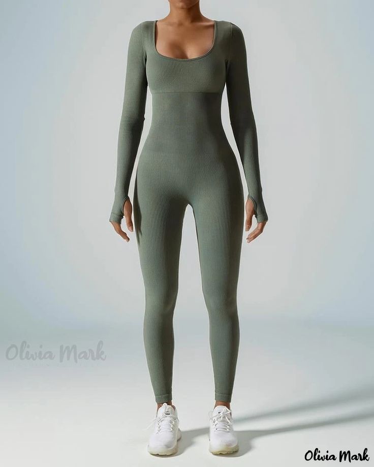 OliviaMark - Premium Seamless Knit Yoga Jumpsuit: Long Sleeve, Full-length, and Body-contouring Fitness Apparel Fitness Attire, Jumpsuit Long Sleeve, Push Up Lingerie, Yoga Jumpsuit, Plus Jumpsuit, Jumpsuit Long, Fitness Activewear, Workout Attire, Wide Leg Cropped Pants