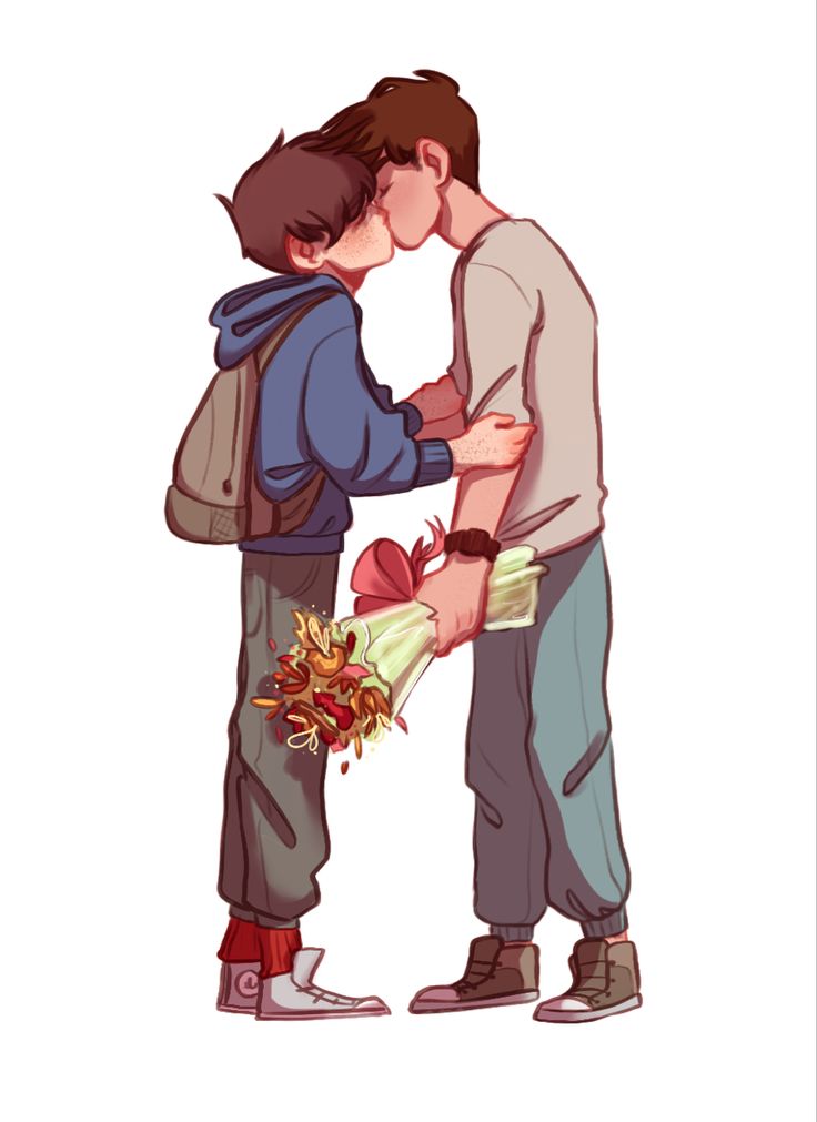 two young boys standing next to each other with flowers in front of their faces and one holding