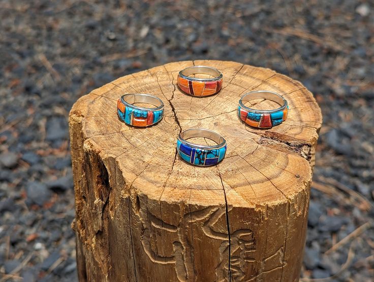 Native American Mosaic Raised Inlay Multi-Stones Rings Unisex Sterling Silver Navajo Handmade Signed Southwest Handmade Multicolor Southwestern Turquoise Ring, Southwestern Style Multicolor Gemstone Rings, Multicolor Gemstone Southwestern Rings, Artisan Multicolor Rings With Natural Stones, Artisan Multicolor Natural Stone Rings, Artisan Multicolor Rings With Inlay, Artisan Multicolor Inlay Rings, Southwestern Multi-stone Red Ring, Southwestern Red Multi-stone Ring