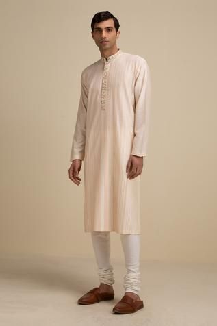 Shop for Philocaly Peach Silk Pintuck Kurta Set for Men Online at Aza Fashions Off White Churidar, Mehendi Wedding, White Churidar, Peach Fabric, Kurta Set For Men, Embroidered Neckline, A Perfect Day, Churidar, Kurta Set