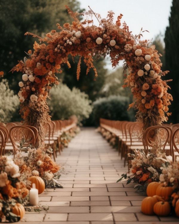 an outdoor ceremony set up with pumpkins, flowers and greenery on the aisle