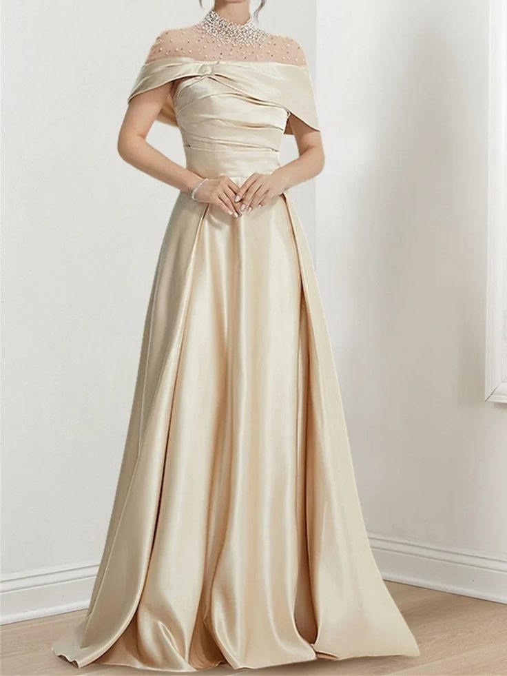 Beige Satin Dress For Banquet, Beige Floor-length Evening Dress For Banquet, Beige Floor-length Dress For Banquet, Beige Maxi Length Dress For Banquet, Beige Ball Gown Dress For Prom, Beige Floor-length Prom Dress, Beige Maxi Dress For Banquet, Floor-length Beige Bridesmaid Gown, Banquet A-line Maxi Dress With Sweep Train