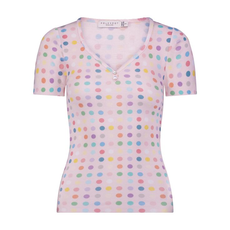 SOHO DOT Print MICHELLE SWEETHEART SS TEE Polka Dot Cotton T-shirt With Short Sleeves, Cotton T-shirt With Polka Dot Pattern And Short Sleeves, Pink Printed V-neck T-shirt, Heart Print Crew Neck Top For Loungewear, Summer Polka Dot Crew Neck Top, Trendy Heart Print Tops For Loungewear, Fitted Pink T-shirt For Loungewear, Cute Fitted Polka Dot Tops, Fitted Polka Dot Cute Tops