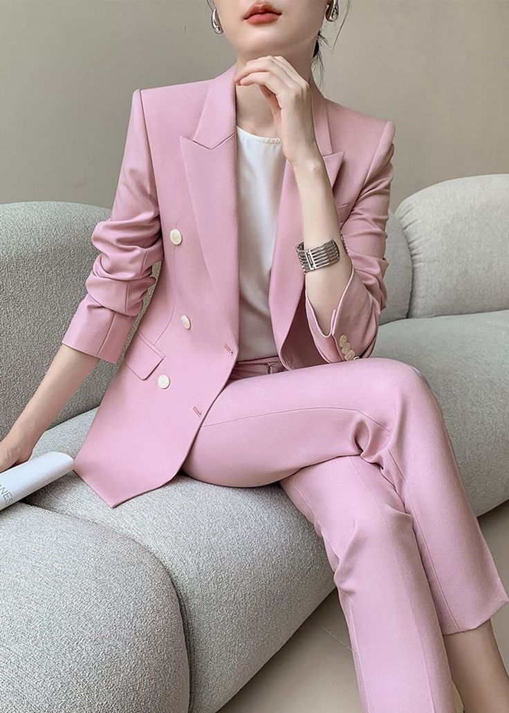 Elevate your style with the Maxine Pink Double Breasted Blazer Pants Suit Two-Piece Set. This sophisticated and exclusive set features a beautiful pink color and a double-breasted blazer that exudes luxury. The nine-pointed pants add a touch of elegance, making this a must-have for any fashion-forward woman. Blazer: Double Breasted closure Notched lapels Long sleeves Front flap pockets Pants Zip fly with button closure Side slant pockets Cropped length - Polyester, spandex- Item #432701- Women's blazer & pants suit two-piece set SIZE INFO XS=US2=UK6=EU32 S=US4-6=UK8-10=EU34-36 M=US8-10=UK12-14=EU38-40 ★★Please advise your Height and Weight, I will make sure you choose the right size. Tailored Double-breasted Sets With Buttons, Tailored Double-breasted Set With Buttons, Tailored Double-breasted Buttoned Sets, Solid Color Office Wear Sets For Spring, Spring Solid Color Office Wear Sets, Spring Office Wear Solid Color Pantsuit, Chic Solid Color Sets With Buttons, Chic Solid Sets With Buttons, Chic Solid Color Suits For Spring