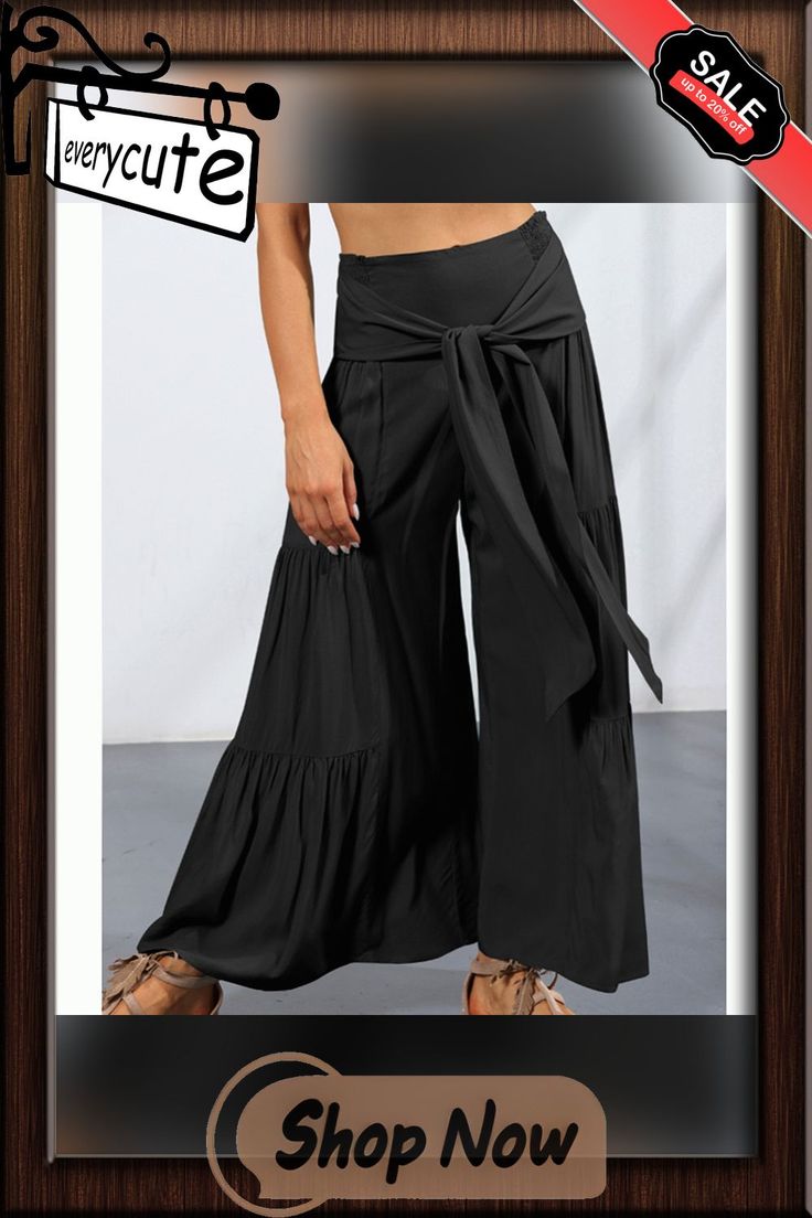 Black Smocked High Waist Palazzo Pants with Tie Spring Black Ankle-length Wide Leg Pants, Chic Black Ankle-length Bottoms, Black Ankle-length Wide Leg Pants For Summer, Black Ankle-length Bottoms For Vacation, Black Ankle-length Pants For Vacation, Black Wide Leg Pants For Vacation, Black Ankle-length Vacation Bottoms, Black Ankle-length Vacation Pants, Black Harem Pants For Beach Summer