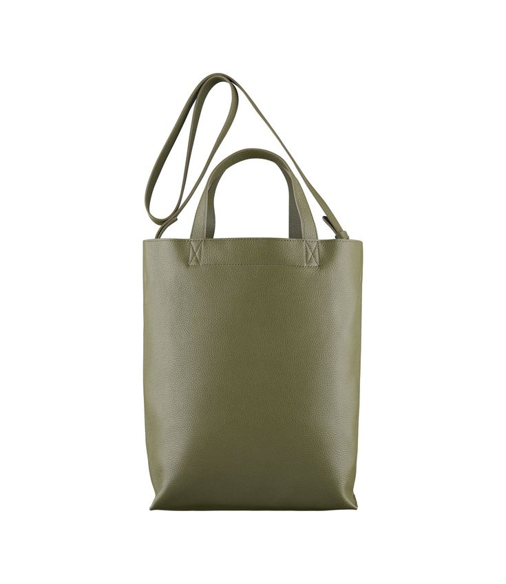 A.P.C. tote bag.- Unisex piece. - Shopper tote in unlined leather. - Two handles to carry the bag by hand. - One strap to carry the bag on the shoulder or across the chest. - One interior zip pocket. - Tote bag shape. - Embossed "A.P.C. Rue Madame Paris" logo. - Medium version of the Maiko and Maiko Small shopper totes. Bucket Bag With Rolled Double Handles For Errands, Modern Olive Bags For Everyday Use, Rectangular Olive Satchel For Daily Use, Olive Rectangular Bag For Daily Use, Modern Shoulder Bag With Rolled Handles For Shopping, Shopping Tote Satchel With Rolled Handles, Modern Rectangular Bag With Rolled Handles, Olive Rectangular Bag For Everyday Use, Modern Bucket Bag With Rolled Handles For Shopping