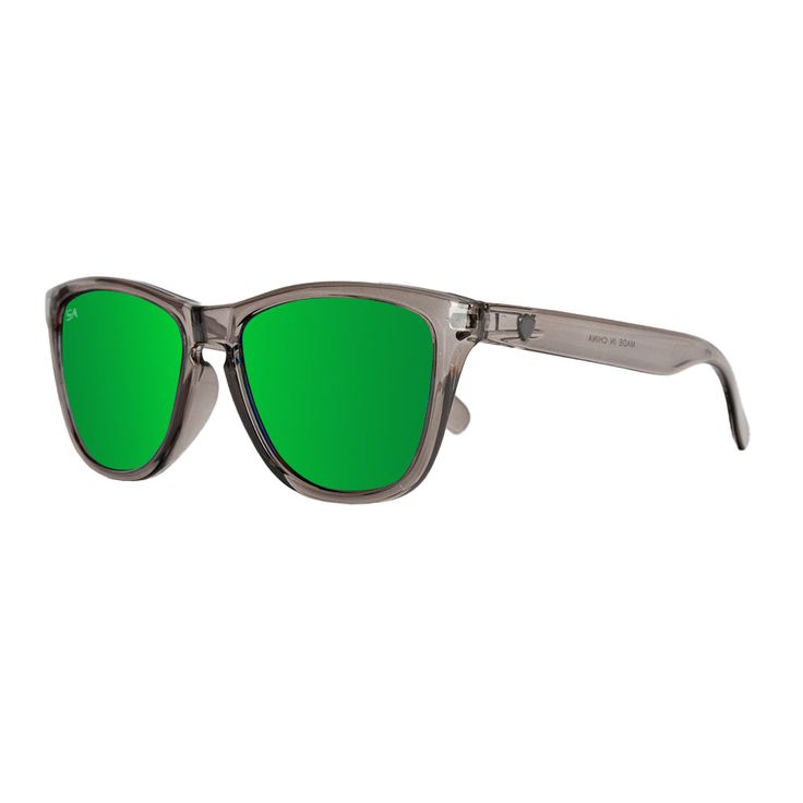 The Boca frames blend West Coast style lines and frame shape with edgy curved temples that's up for any adventure, on or off the water. This medium style frame features a polycarbonate construction, and fully polarized 100% UV Protection Lenses Anti-Glare so you can enjoy any outdoor experience and soak up every detail while soaking up the sun. Frame Color: Clear Grey Lenses: Green Mirror Polarized Green Square Frame Sunglasses For Outdoor, Clear Polarized Sunglasses For Beach, Clear Polarized Sunglasses For The Beach, Green Polarized Glass Sunglasses, Modern Polycarbonate Sunglasses With Polarized Lenses, Polarized Polycarbonate Sunglasses For Outdoor Activities, Polycarbonate Sunglasses With Tinted Lenses For Outdoor Activities, Polycarbonate Sunglasses With Tinted Lenses For Outdoors, Modern Wayfarer Sunglasses For Outdoor Activities