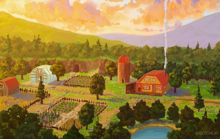 an oil painting of farm scene with barn and silos in the foreground at sunset