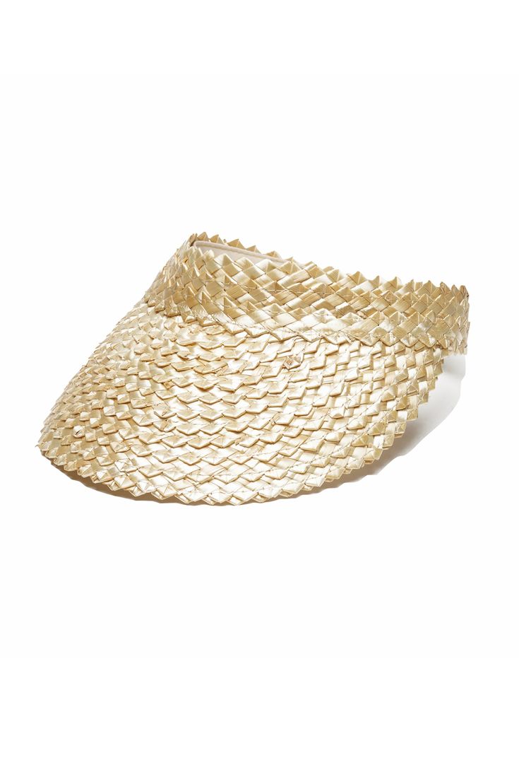 This handmade straw visor screams sunny style and beachy vibes. Handmade Gold Summer Hats, Summer Gold Straw Hat, Gold Straw Hat For Summer, Gold Curved Brim Straw Hat For Summer, Spring Vacation Sun Hat With Structured Crown, Summer Vacation Hats With Structured Crown, Structured Crown Summer Hat For Vacation, Gold Brimmed Straw Hat For Beach, Gold Brimmed Straw Hat For The Beach