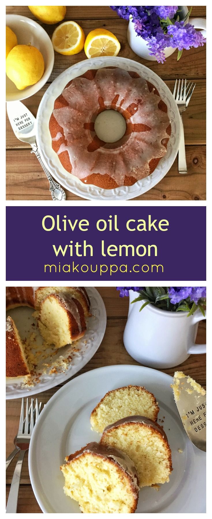 an image of olive oil cake with lemons on the side and in the middle