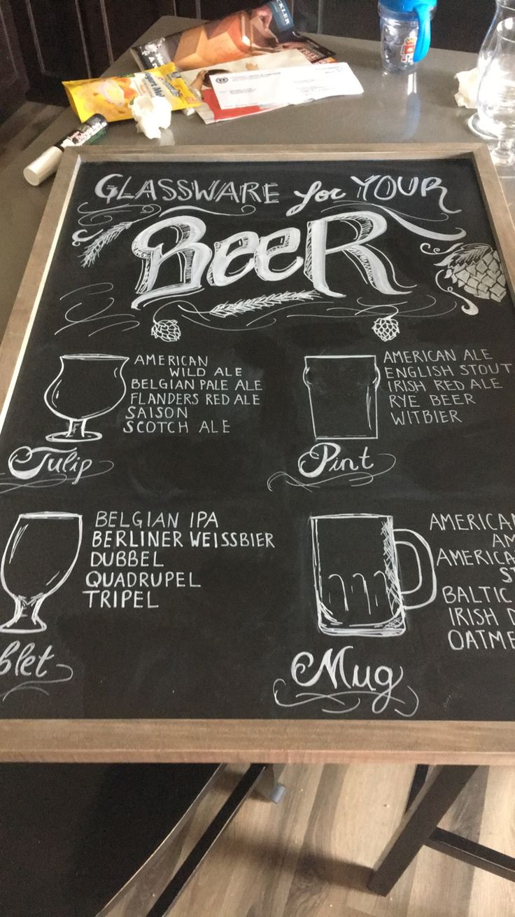 a chalkboard sign with different types of beer on it, along with other items