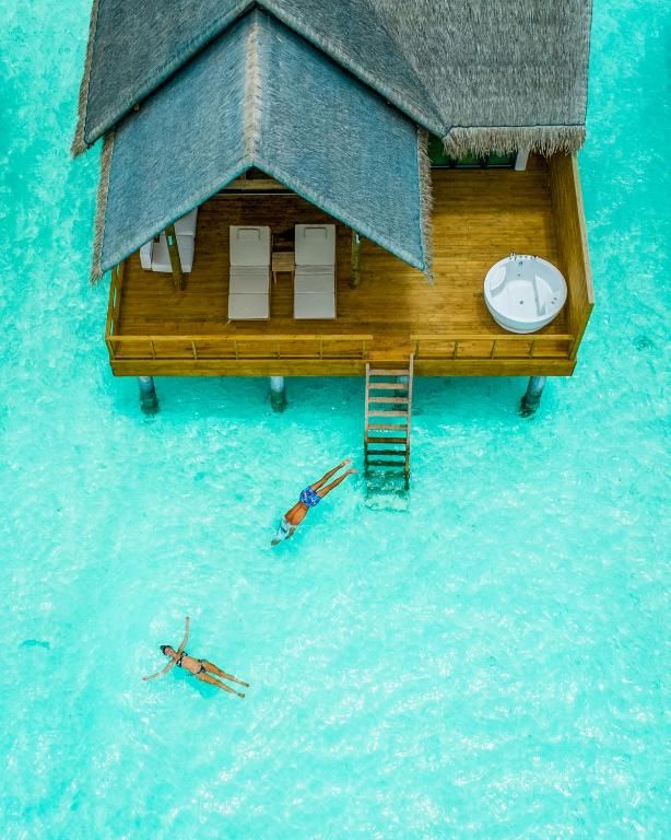 an aerial view of a small house in the water with people swimming around and diving