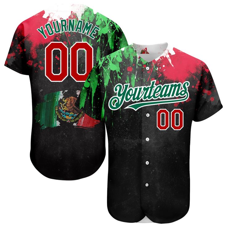 Custom Black Red Kelly Green 3D Mexican Flag Watercolored Splashes Grunge Design Authentic Baseball Jersey Black Sublimation Design For Baseball Fan Gear, Customizable Red Baseball Jersey For Fans, Customizable Black Baseball Jersey With Collar, Red Baseball Jersey With Team Spirit For Streetwear, Red Team Spirit Baseball Jersey For Streetwear, Red Baseball Jersey For Streetwear With Team Spirit, Red Custom Print Sublimation Design, Customizable Black Baseball Jersey With Graphic Print, Black Custom Print Sublimation Design For College