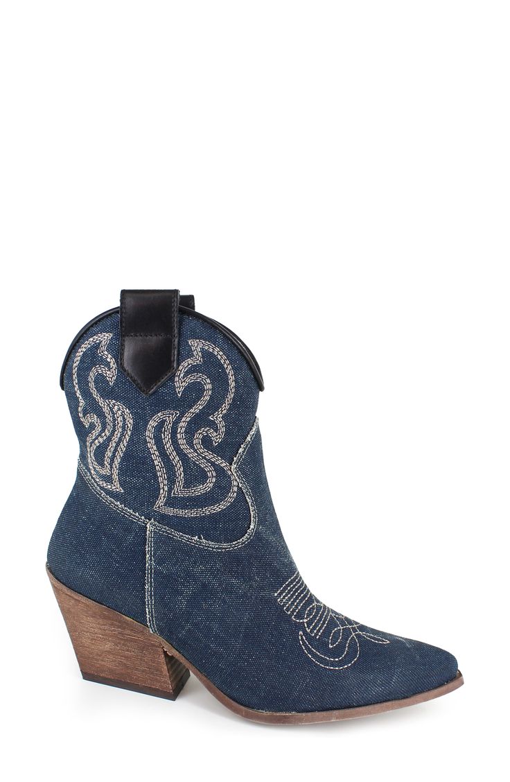 Decorative stitching and side pull-tabs lend Western-inspired elements to a trend-savvy bootie balanced by a pointy toe and block heel. 2 1/2" heel 5 1/2" shaft Leather or textile upper/leather lining and sole Made in Italy Western Denim Blue Boots For Fall, Denim Blue Western Boots For Fall, Casual Heeled Boots With Reinforced Heel And Snip Toe, Western Style Denim Blue Boots For Fall, Western Denim Boots With Round Toe, Casual High Ankle Denim Boots, Western Denim Boots, Trendy Denim Blue Round Toe Boots, Western Boots With Round Toe In Denim Blue