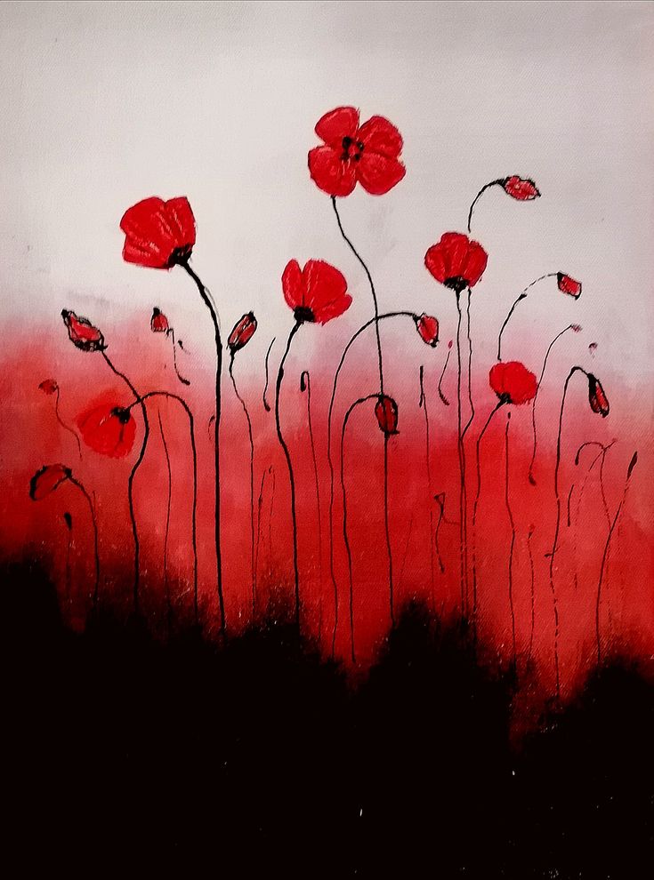 an abstract painting of red flowers on a white background with black and red accents,