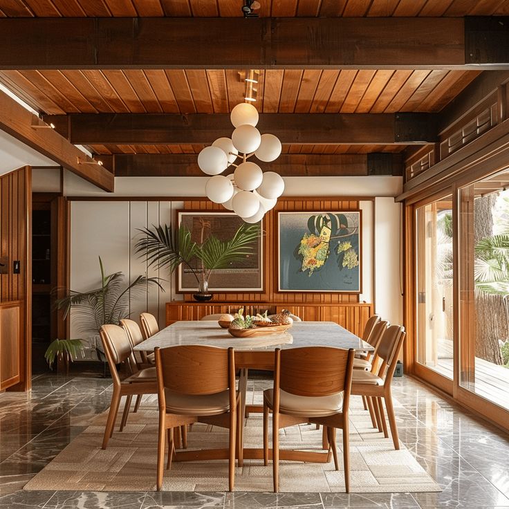 the dining room table is surrounded by wood paneled walls and flooring, along with large windows