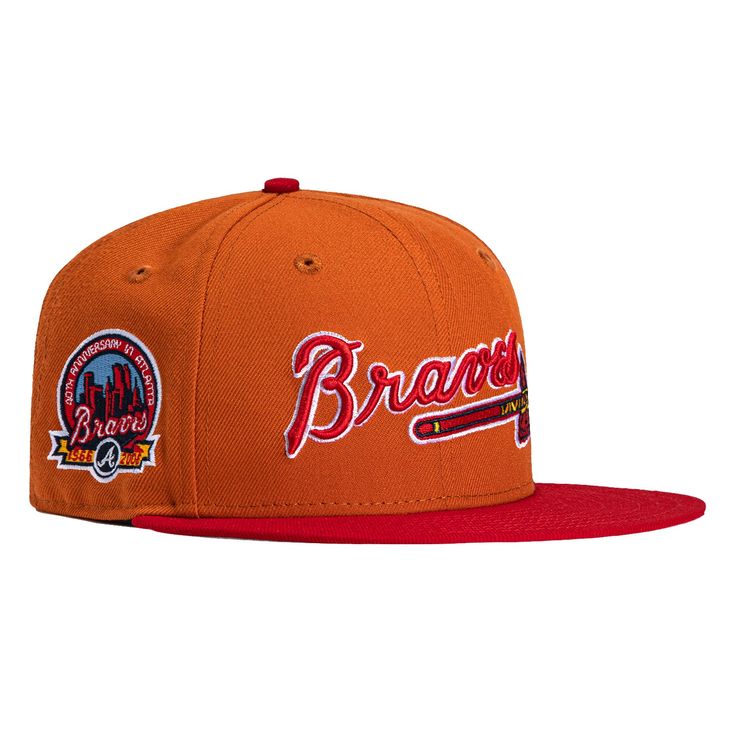 an orange and red baseball cap with the word brad's on it, in front of a white background