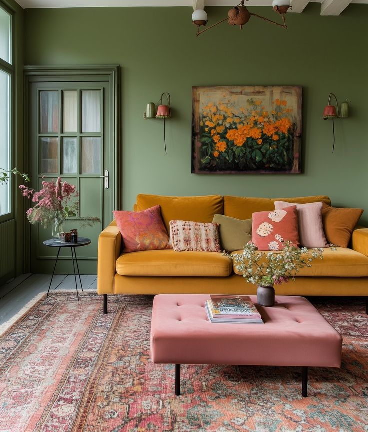 a living room filled with furniture and flowers